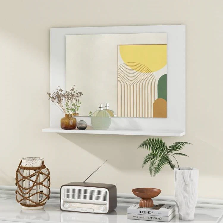 Rectangular Bathroom Wall Mirror with Storage Shelf and White Wood Frame - Image 3