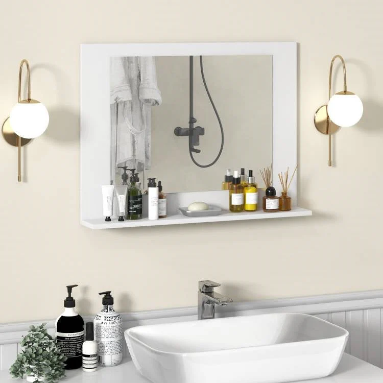 Rectangular Bathroom Wall Mirror with Storage Shelf and White Wood Frame - Image 4