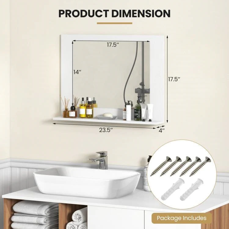 Rectangular Bathroom Wall Mirror with Storage Shelf and White Wood Frame - Image 5