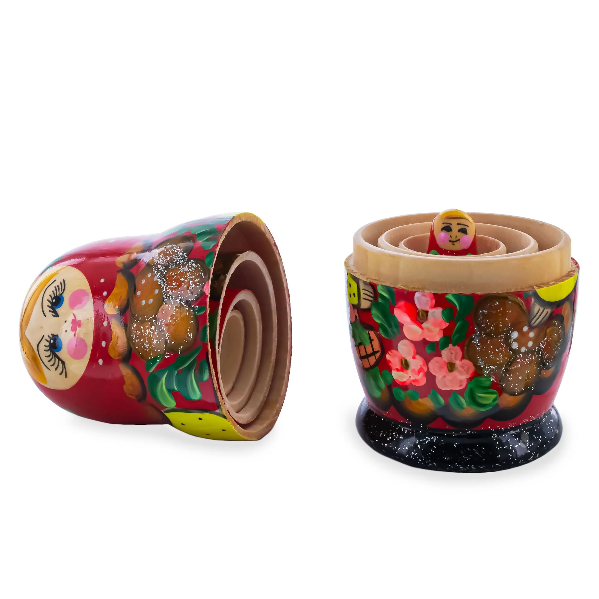 Red Color with Basket and Flowers Wooden  Nesting Dolls - Image 3