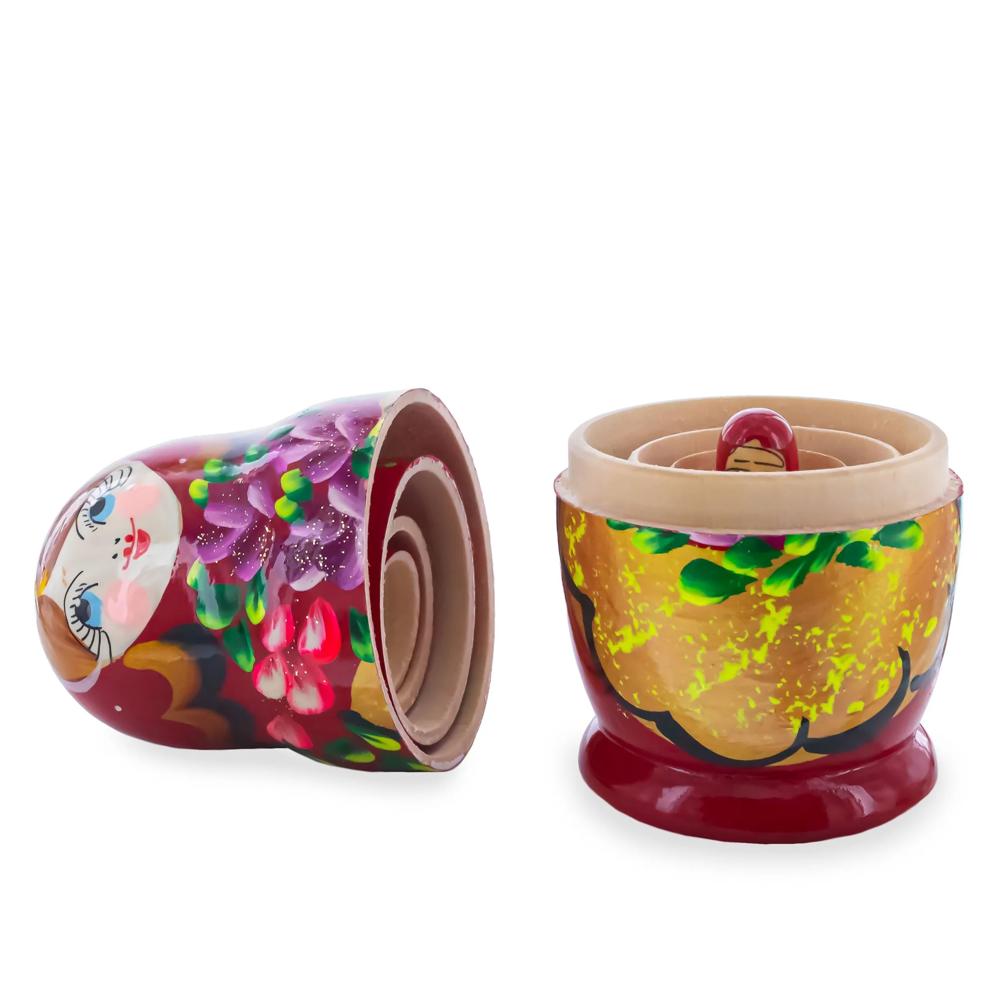 Red Color with Purple and Orange Flowers Wooden  Nesting Dolls - Image 3