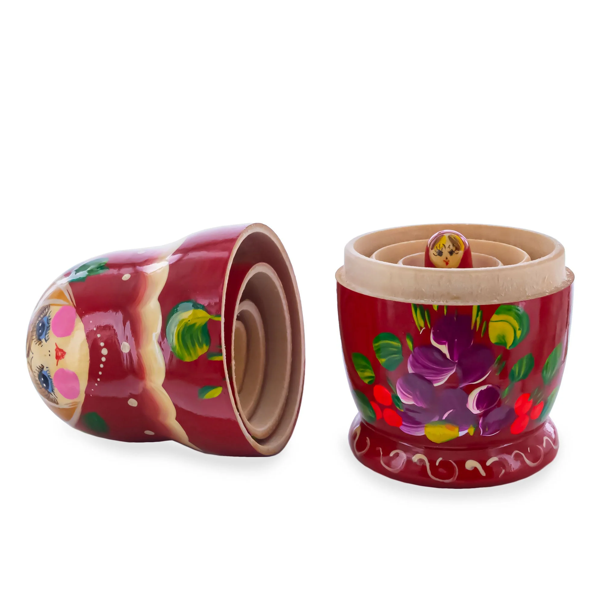 Red Color with Purple Flowers and Red Berries Wooden  Nesting Dolls - Image 3