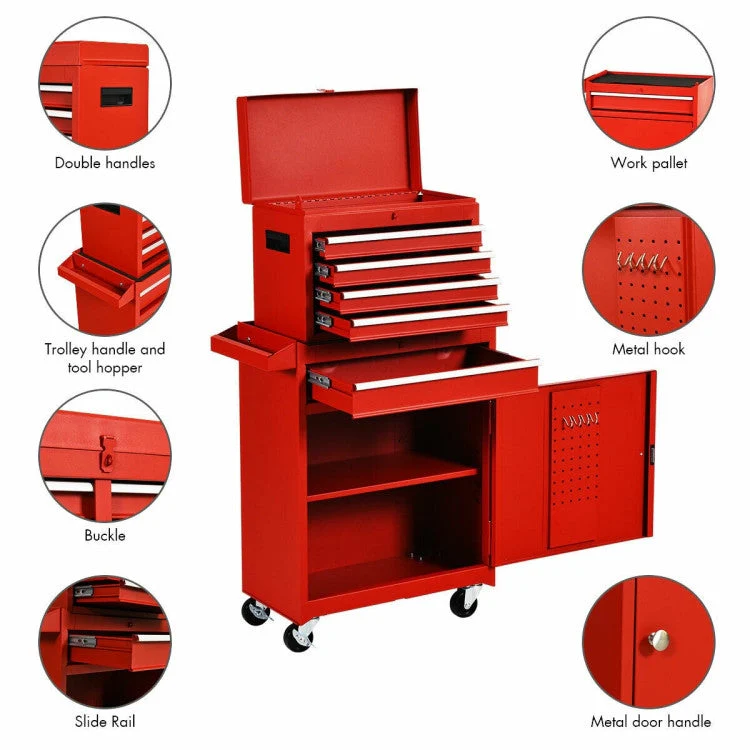 Red Heavy Duty Steel Lockable Rolling Tool Chest Mobile Garage Storage Cart - Image 5