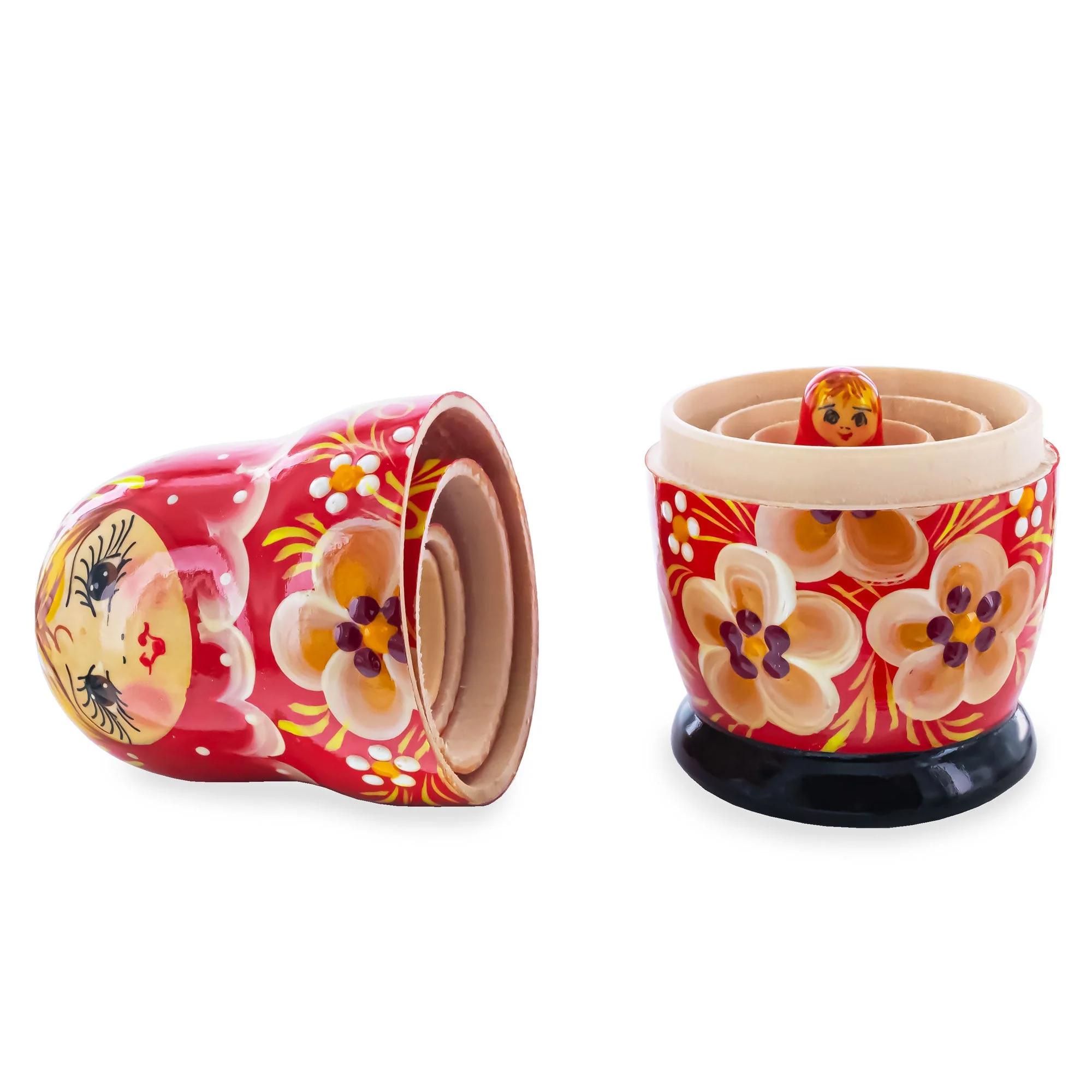 Red Hood with Gold Color Flowers Wooden  Nesting Dolls - Image 2