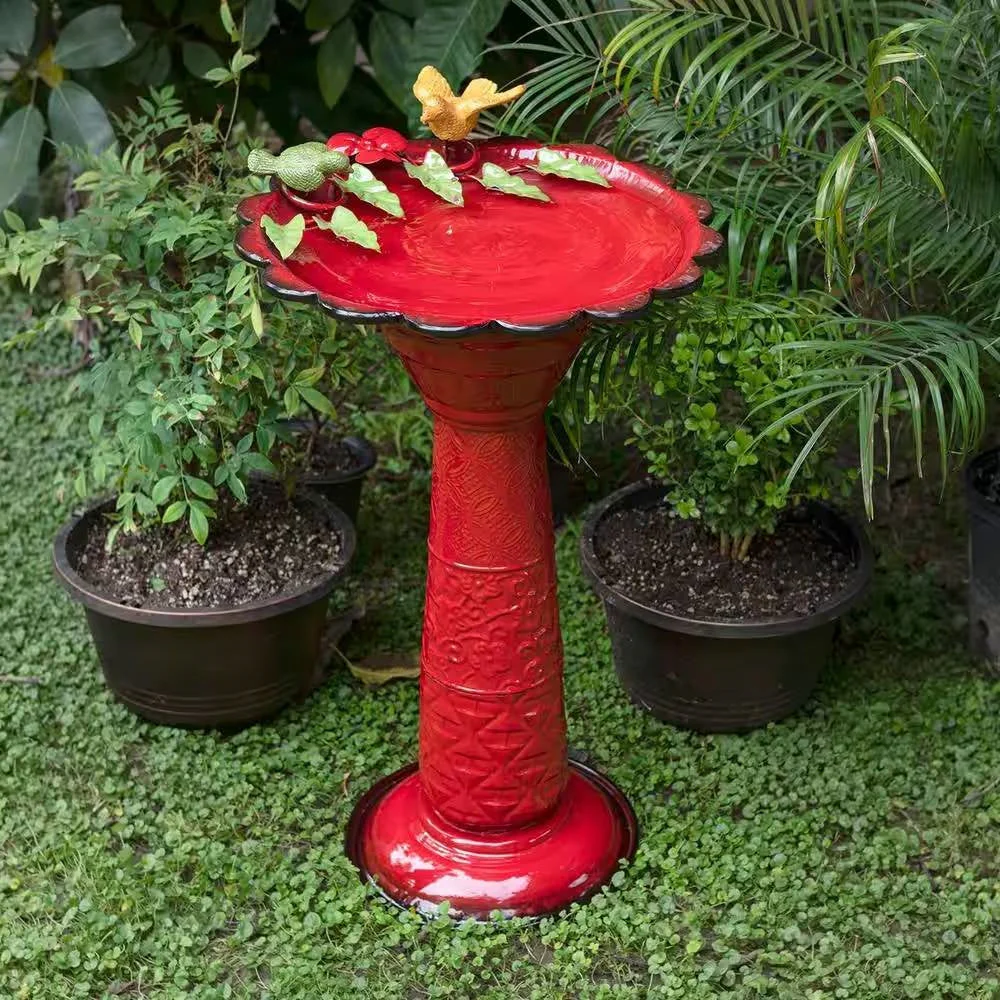 Red Metal Outdoor Garden Patio Birdbath with Decorative Bird Leaf Figurines - Image 2