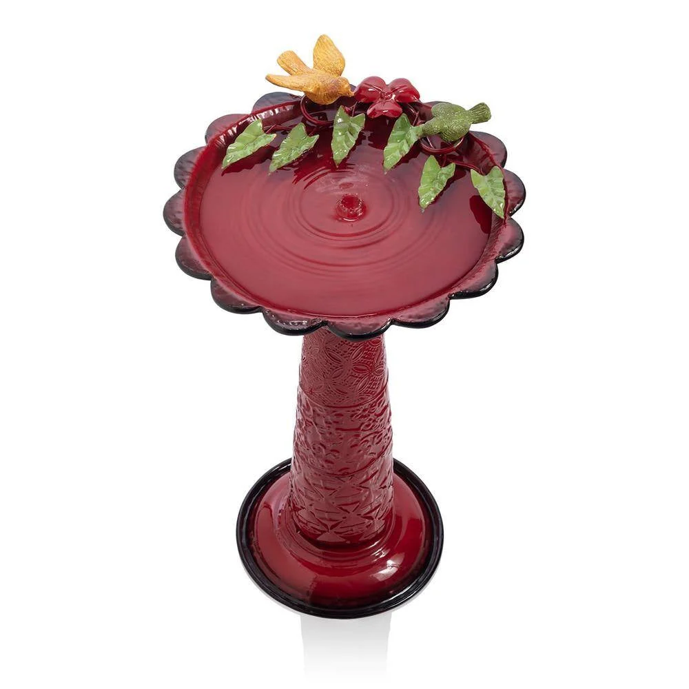 Red Metal Outdoor Garden Patio Birdbath with Decorative Bird Leaf Figurines - Image 3