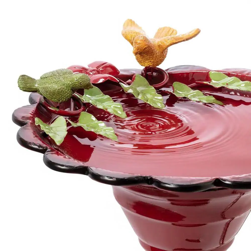 Red Metal Outdoor Garden Patio Birdbath with Decorative Bird Leaf Figurines - Image 4