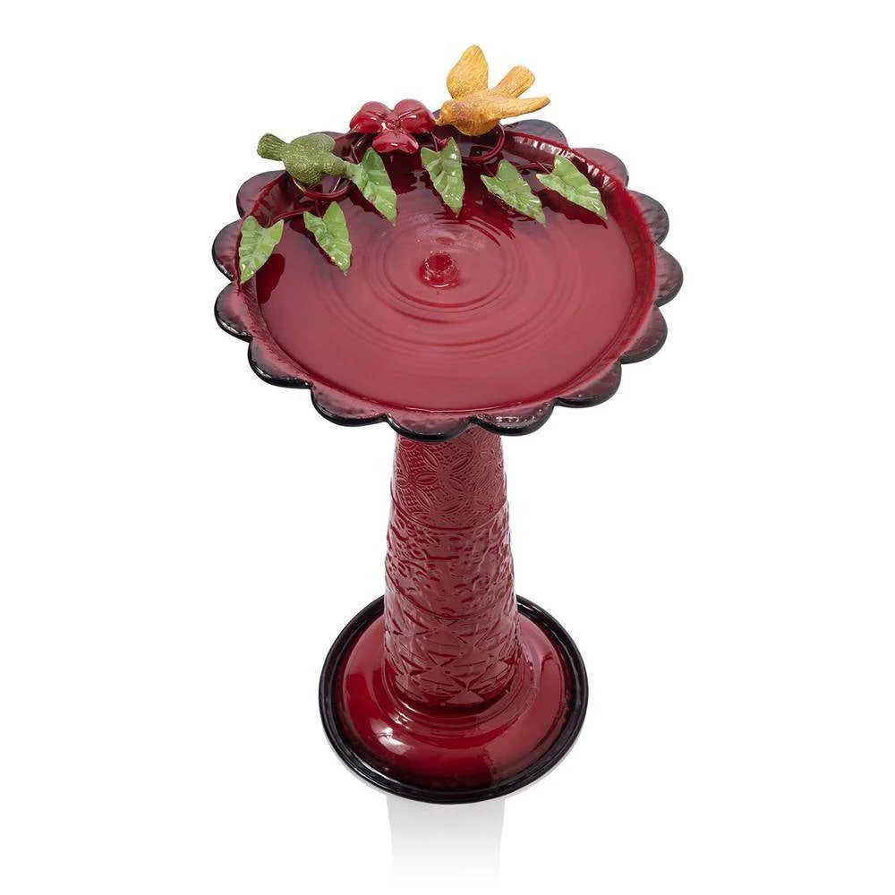 Red Metal Outdoor Garden Patio Birdbath with Decorative Bird Leaf Figurines - Image 5