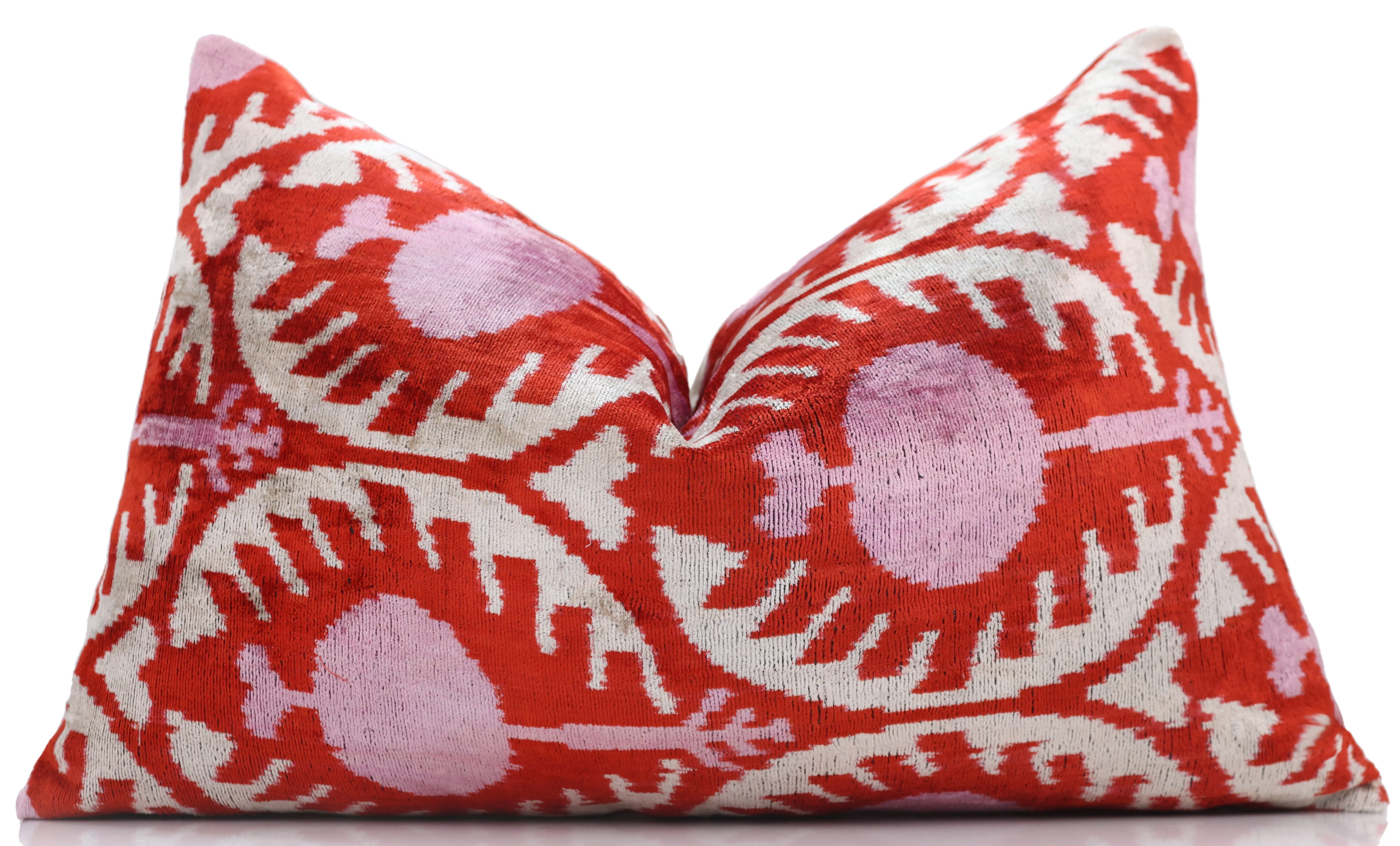 Red & Pink Ikat Velvet Pillow – Handmade 16x24 Lumbar Cushion - Image 5