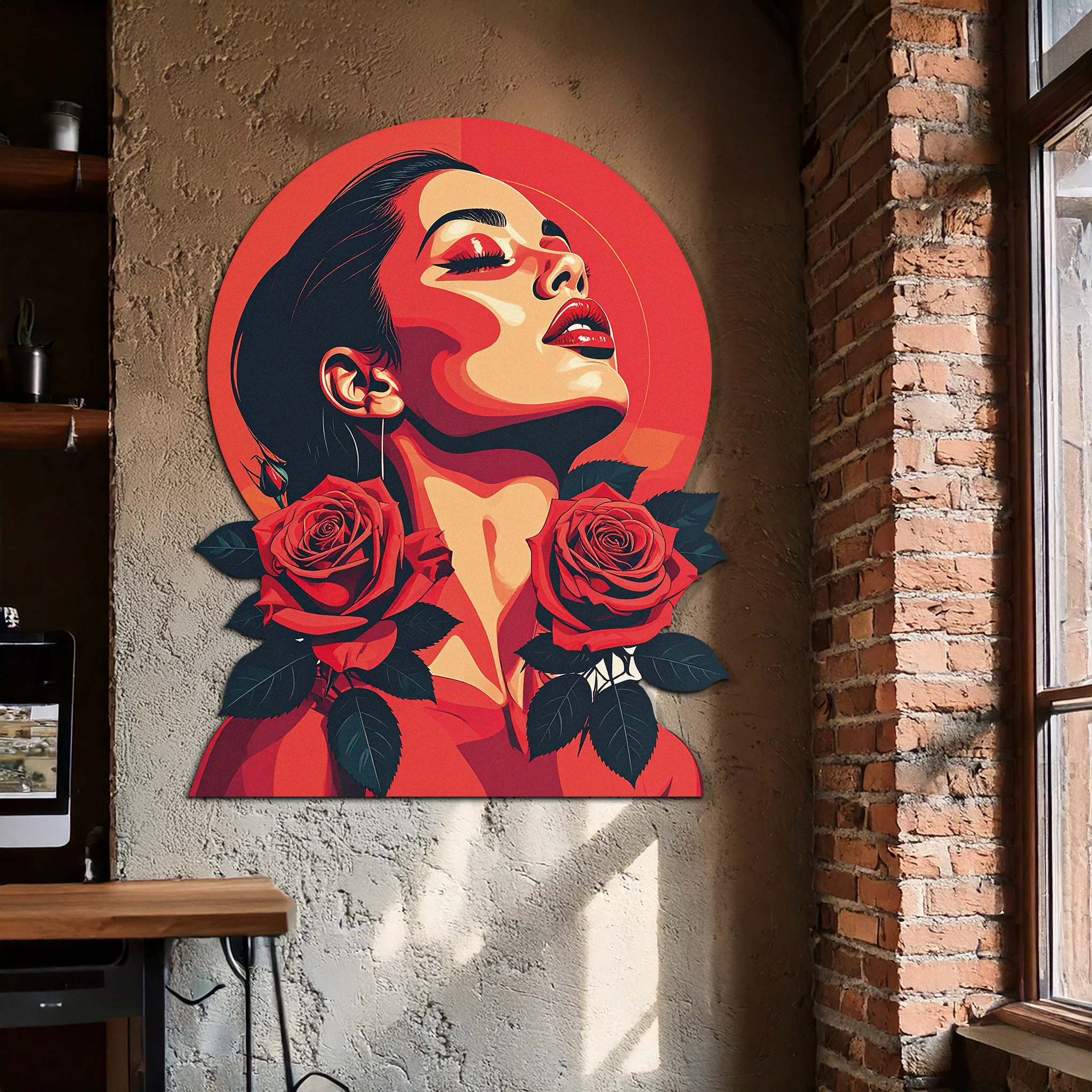 Red Rose Woman Metal Wall Art – Bold Feminine UV Printed Decor-KAFUVM017 - Image 2