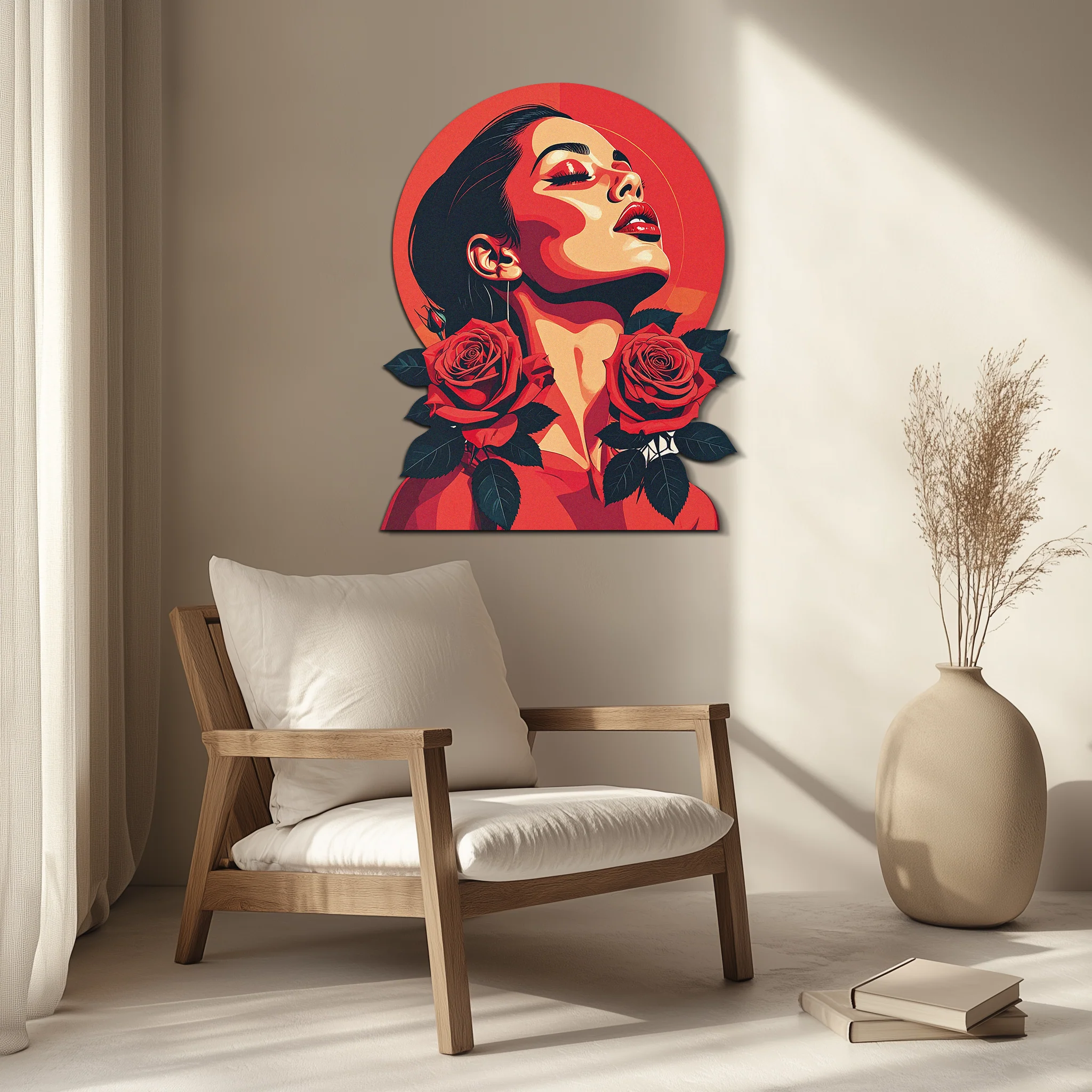 Red Rose Woman Metal Wall Art – Bold Feminine UV Printed Decor-KAFUVM017 - Image 3