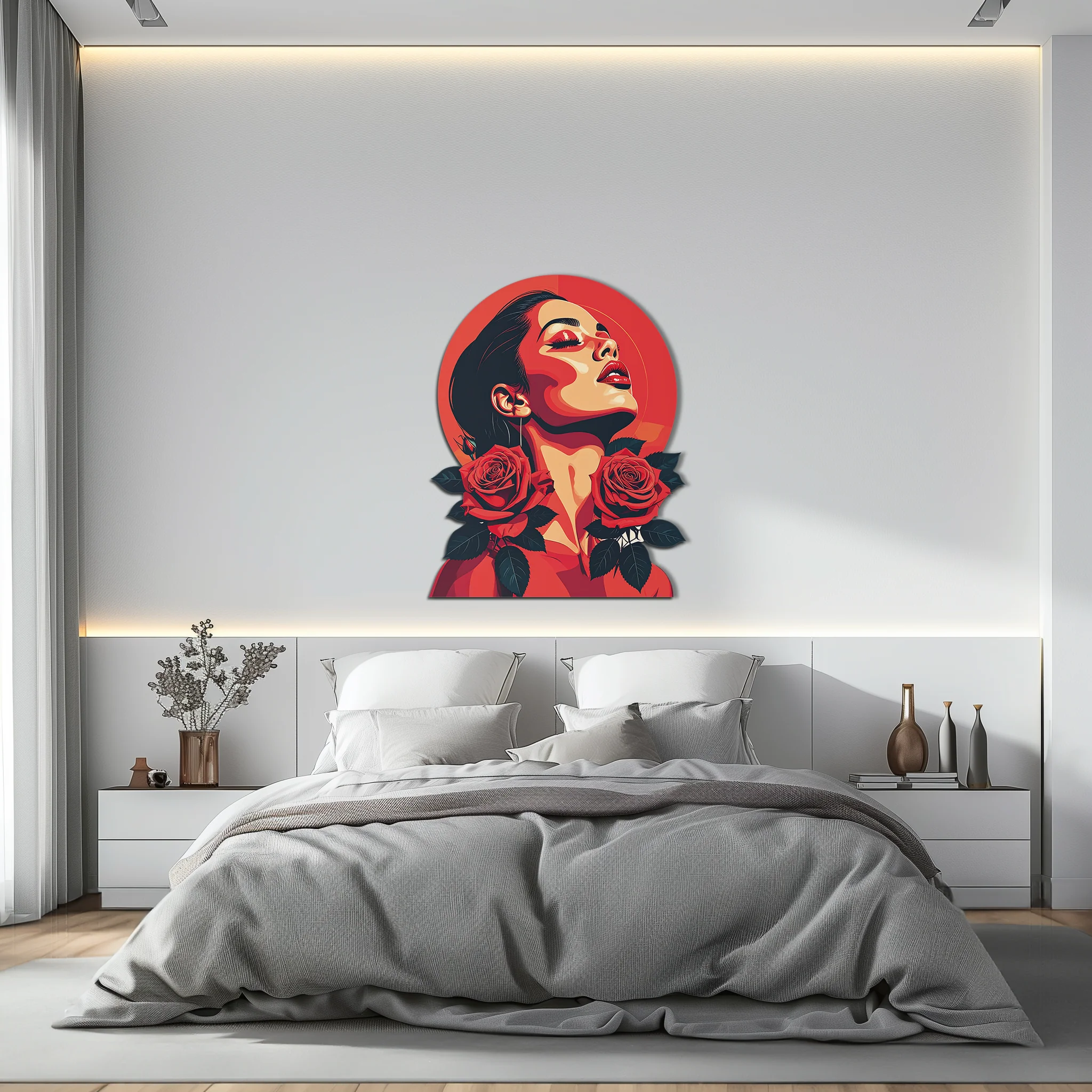 Red Rose Woman Metal Wall Art – Bold Feminine UV Printed Decor-KAFUVM017 - Image 5