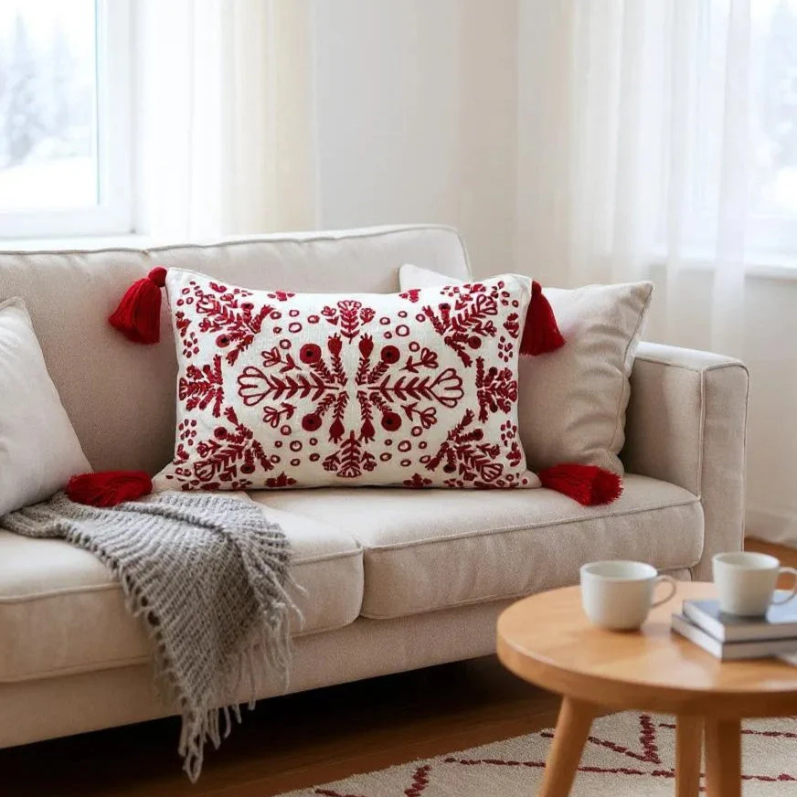 Red & White Embroidered Throw Pillow with Tassels  Handcrafted Elegance for Your Home - Image 2