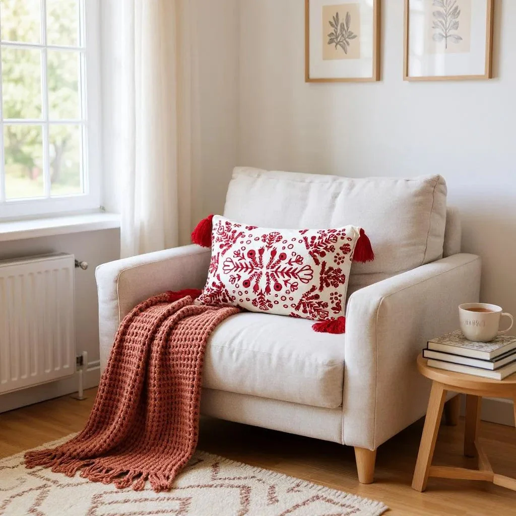 Red & White Embroidered Throw Pillow with Tassels  Handcrafted Elegance for Your Home - Image 3