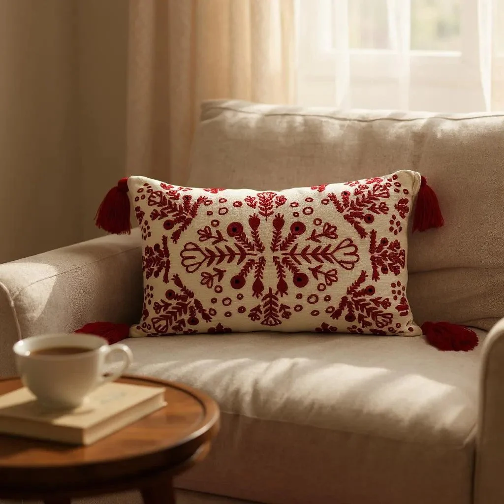 Red & White Embroidered Throw Pillow with Tassels  Handcrafted Elegance for Your Home - Image 4
