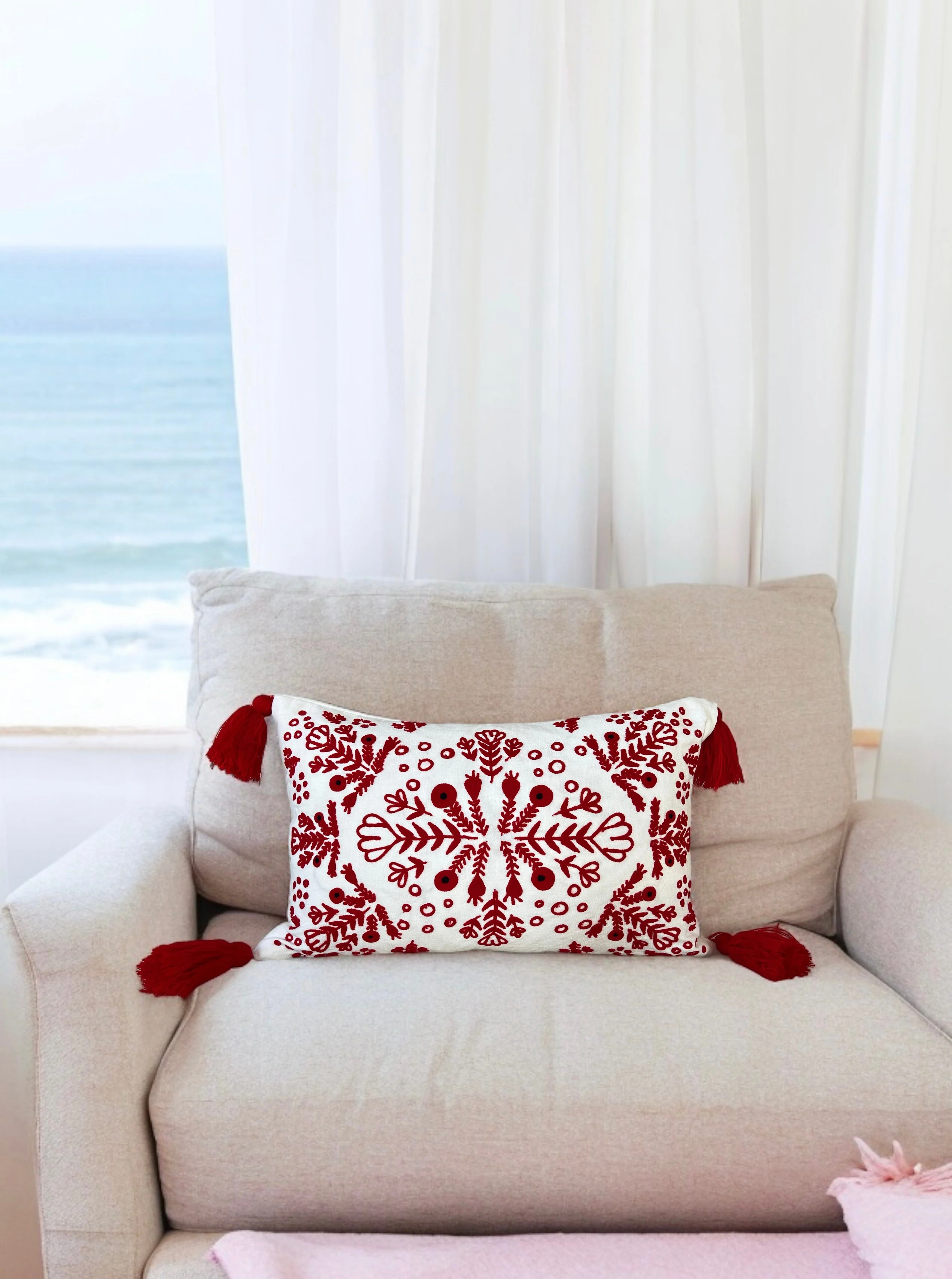 Red & White Embroidered Throw Pillow with Tassels  Handcrafted Elegance for Your Home - Image 5