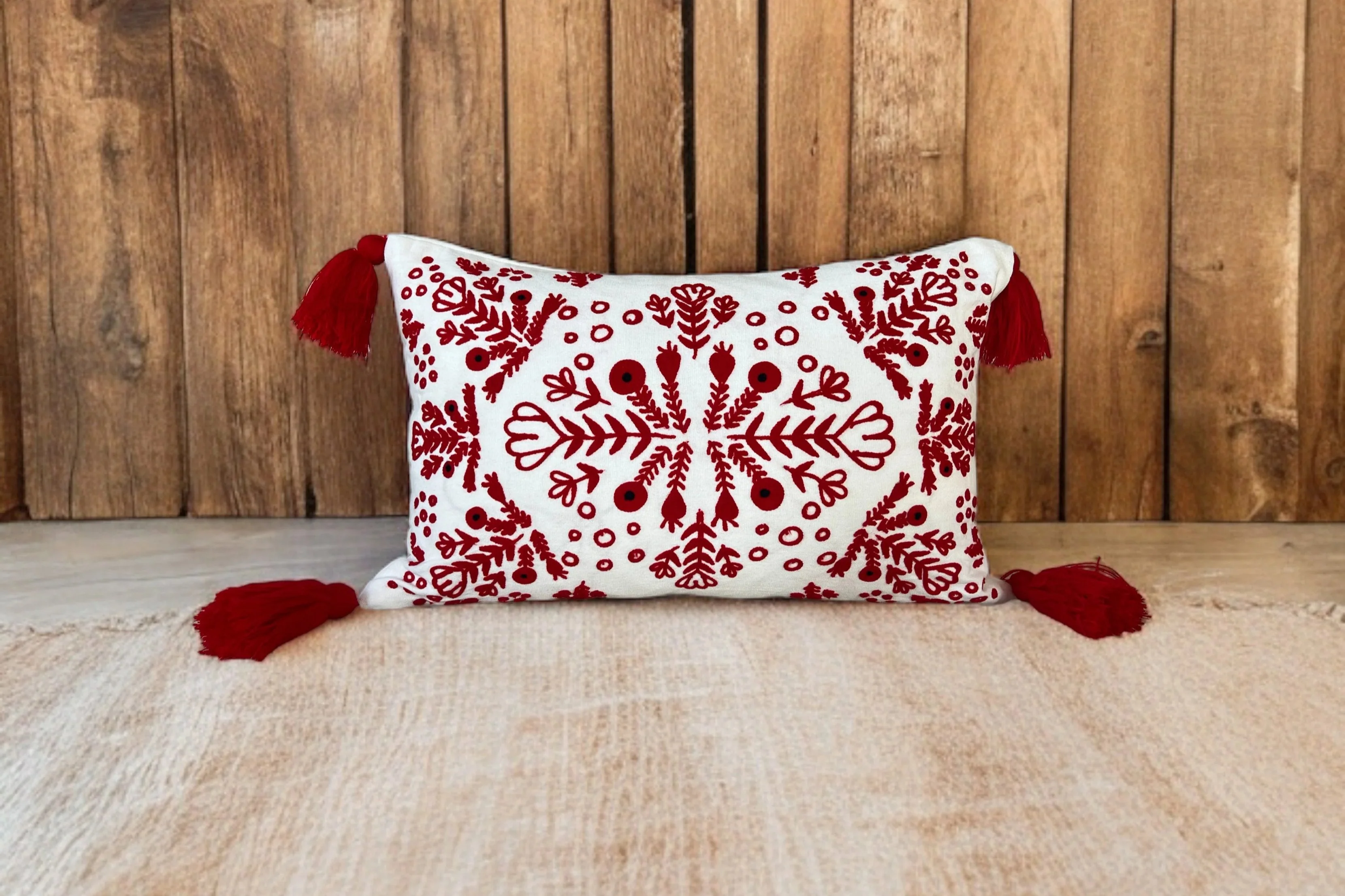 Red & White Embroidered Throw Pillow with Tassels  Handcrafted Elegance for Your Home - Image 6