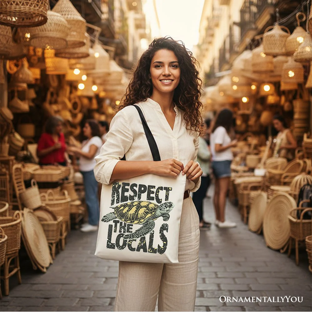 Respect the Locals Turtles Canvas Tote Bag, Retro Grunge Gift for Ocean and Beach Lovers - Image 6