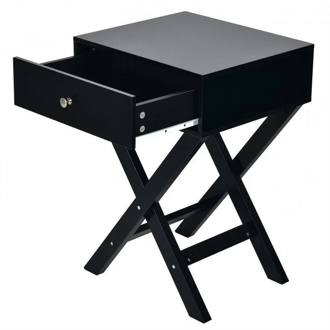 Retro Black X-Shape 1 Drawer Nightstand Coffee Table - Image 2