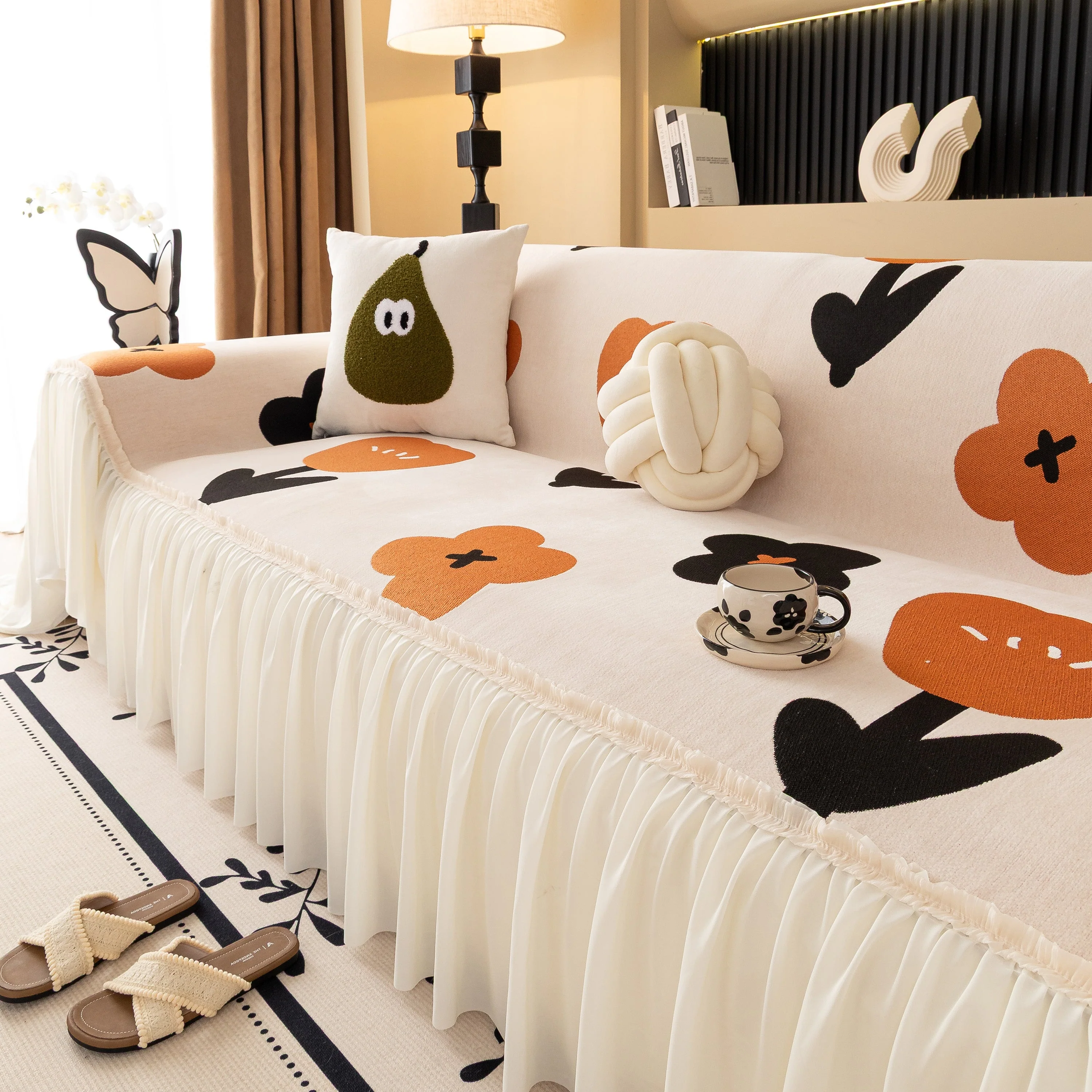 Retro Floral Sofa Cover with Sheer Ruffle Skirt, Decorative Sofa Protector Cover - Image 11