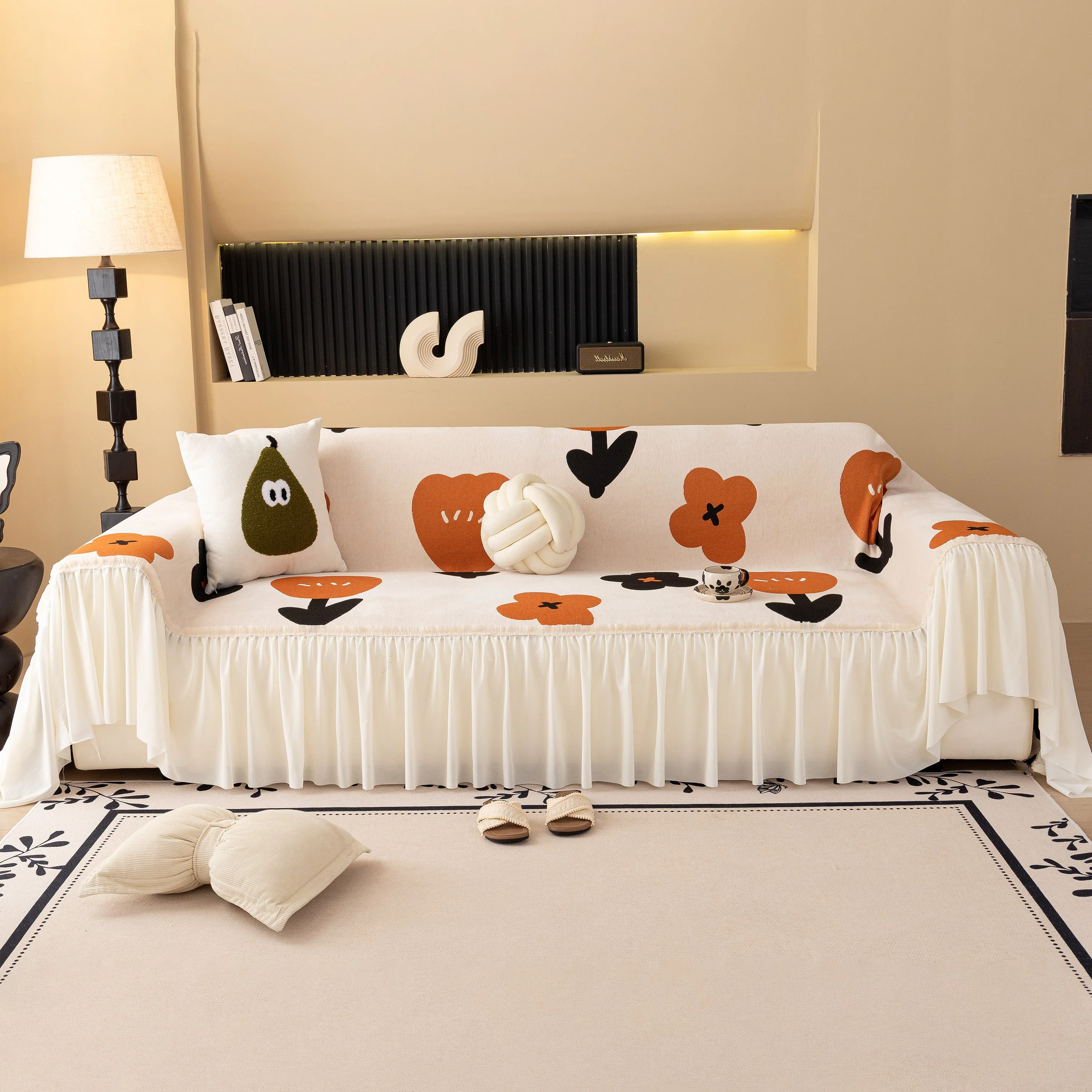 Retro Floral Sofa Cover with Sheer Ruffle Skirt, Decorative Sofa Protector Cover - Image 2