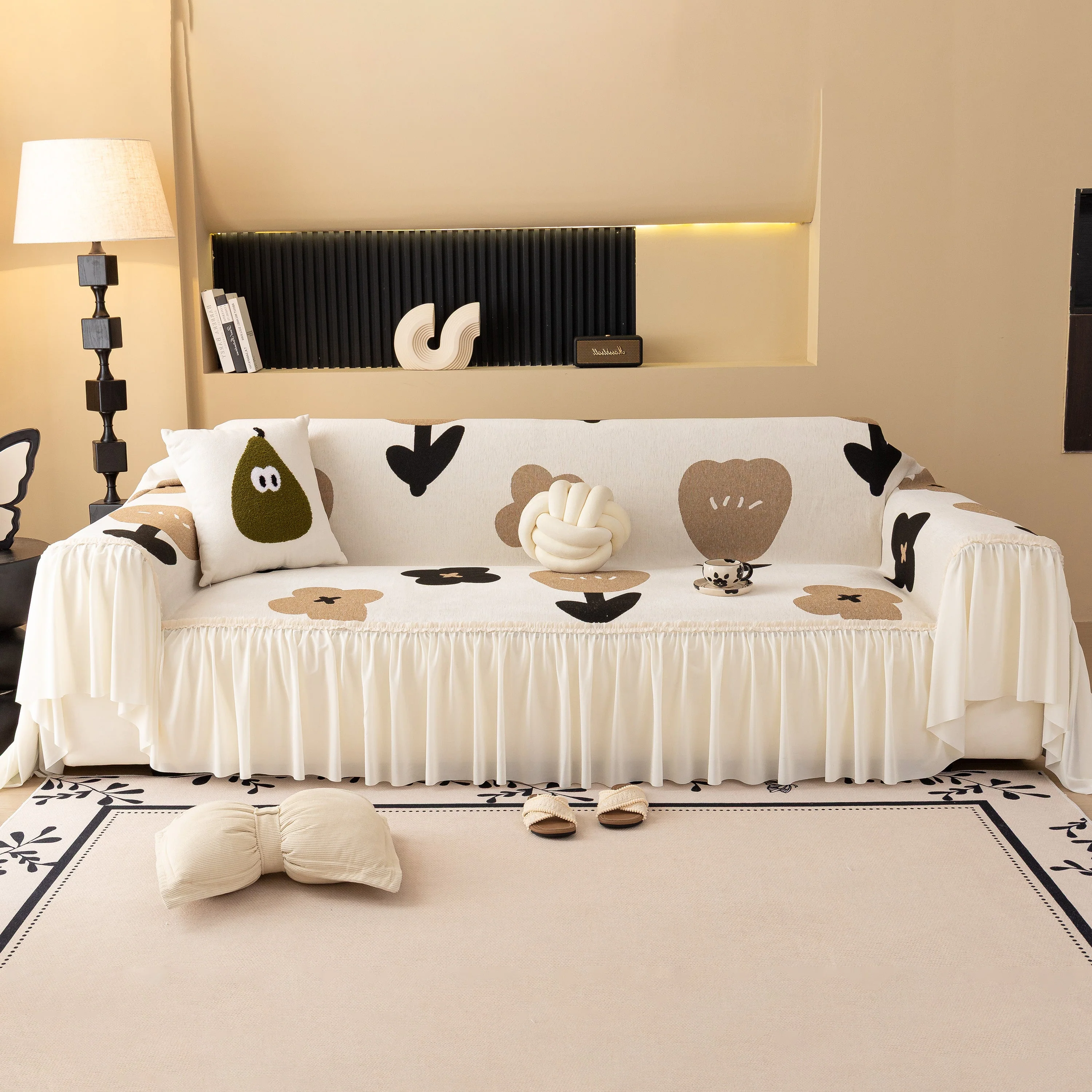 Retro Floral Sofa Cover with Sheer Ruffle Skirt, Decorative Sofa Protector Cover - Image 23