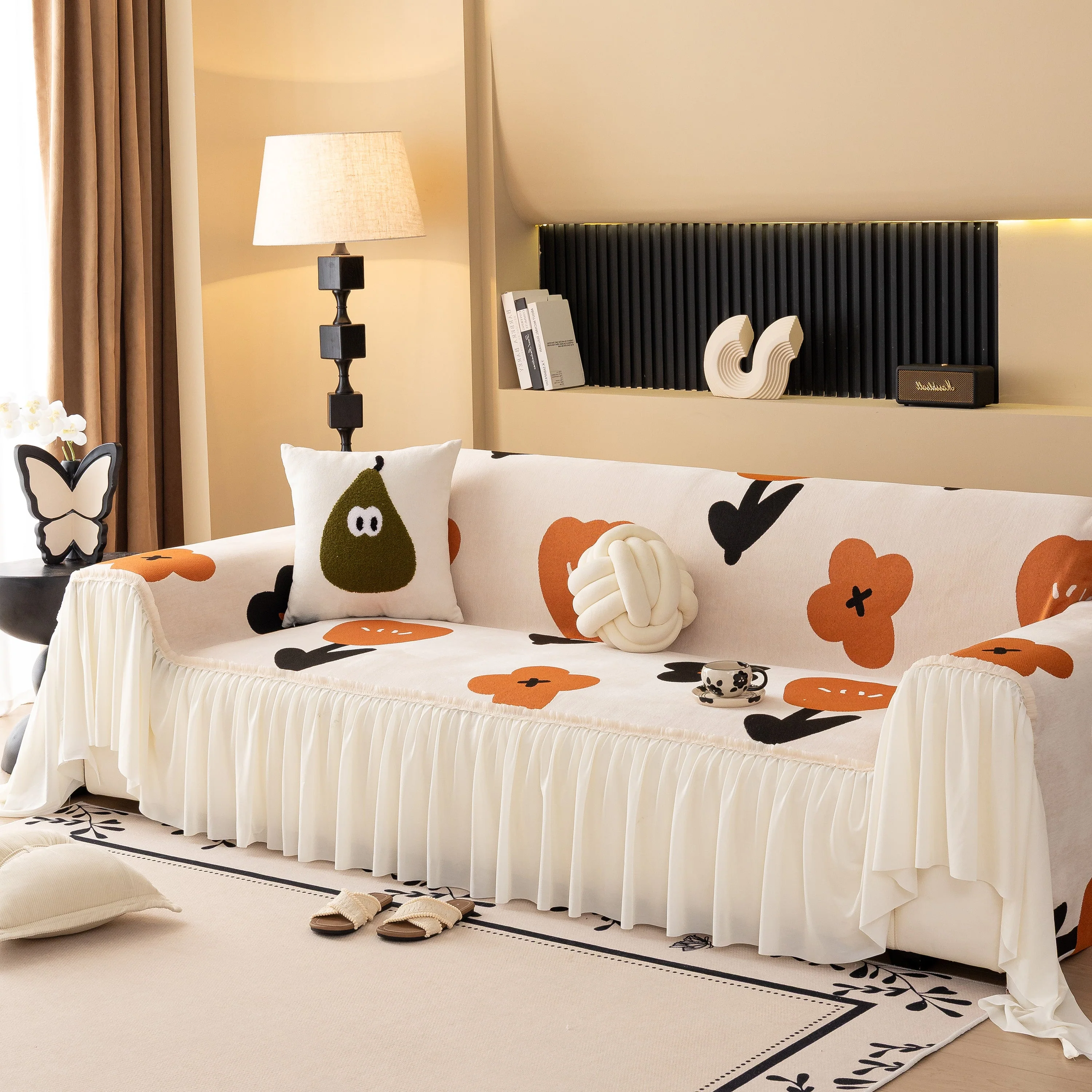 Retro Floral Sofa Cover with Sheer Ruffle Skirt, Decorative Sofa Protector Cover - Image 3