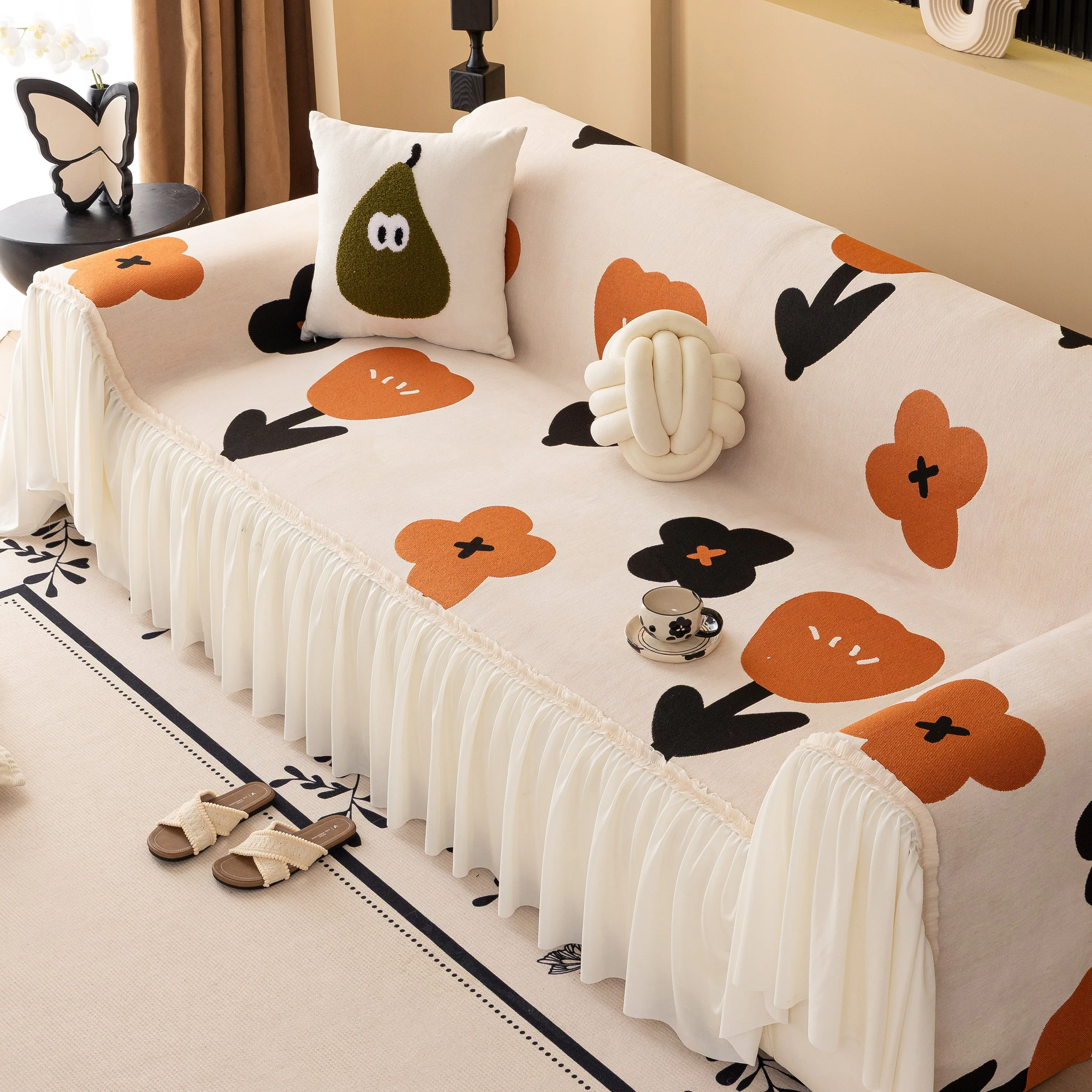 Retro Floral Sofa Cover with Sheer Ruffle Skirt, Decorative Sofa Protector Cover - Image 5