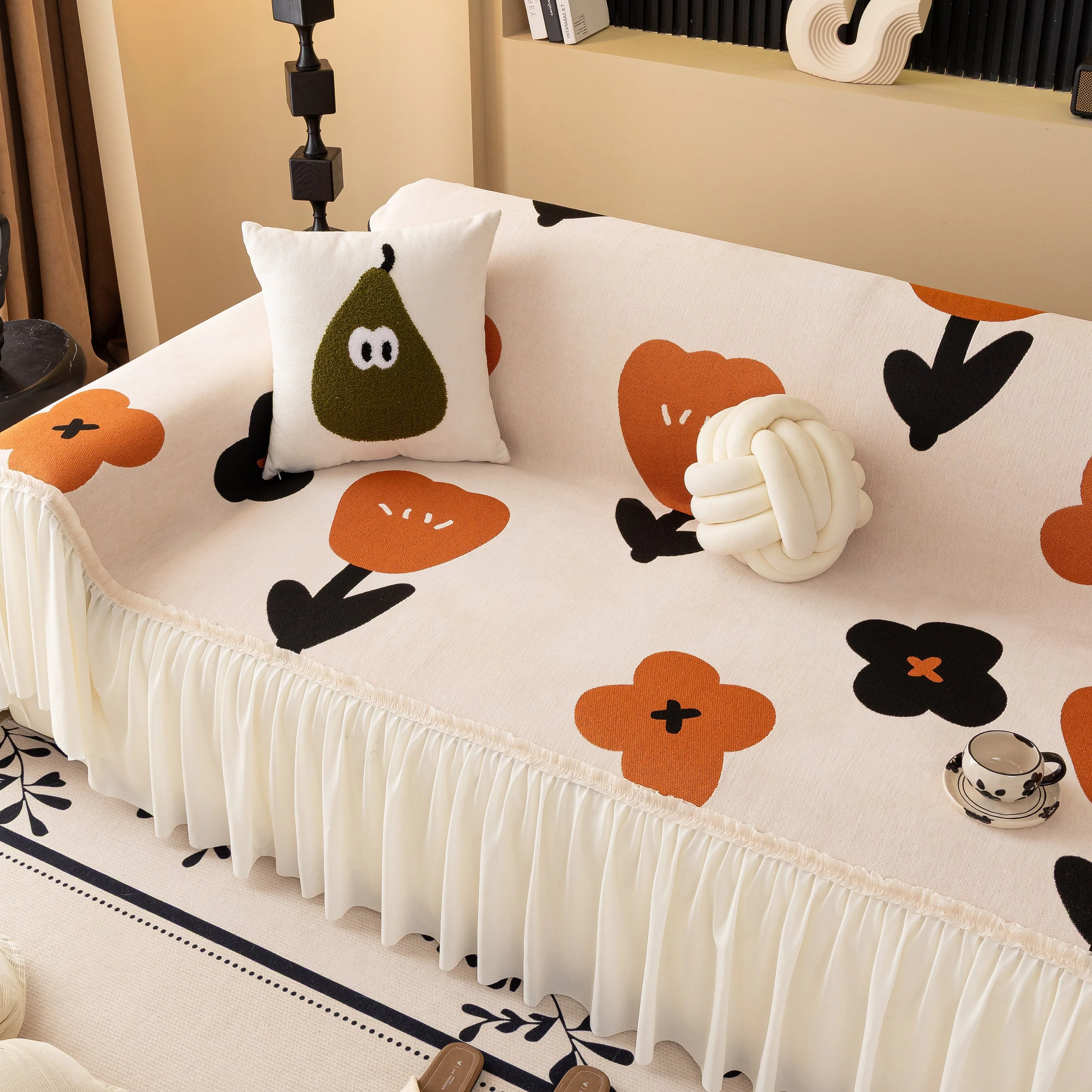 Retro Floral Sofa Cover with Sheer Ruffle Skirt, Decorative Sofa Protector Cover - Image 8