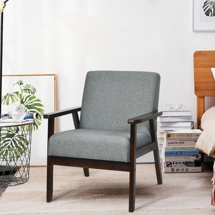 Retro Modern Classic Grey Linen Wide Accent Chair with Espresso Wood Frame - Image 2
