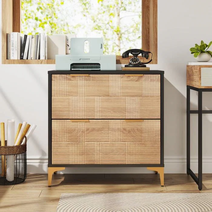 Retro Natural/Black with Gold Handles/Legs 2 Drawer Filing Cabinet Printer Stand - Image 2