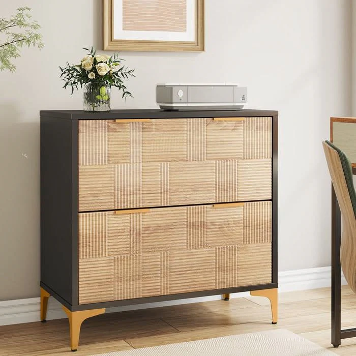 Retro Natural/Black with Gold Handles/Legs 2 Drawer Filing Cabinet Printer Stand - Image 3