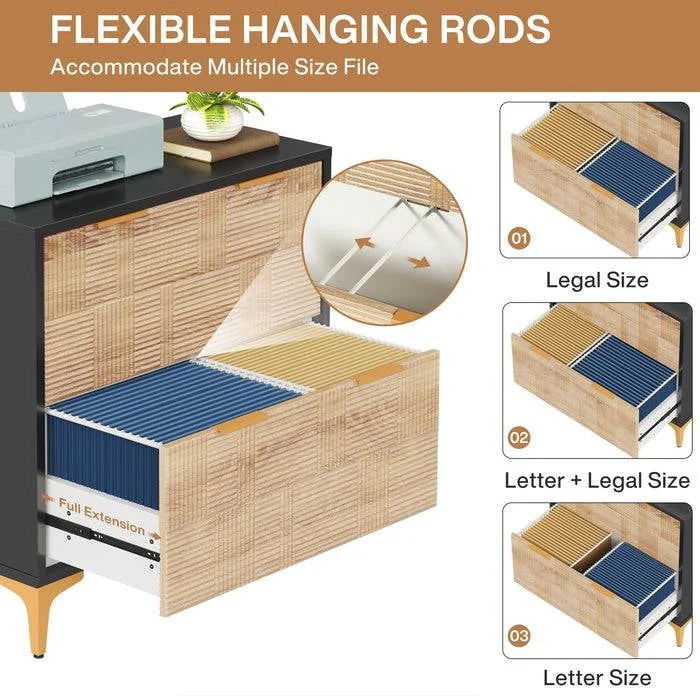 Retro Natural/Black with Gold Handles/Legs 2 Drawer Filing Cabinet Printer Stand - Image 4