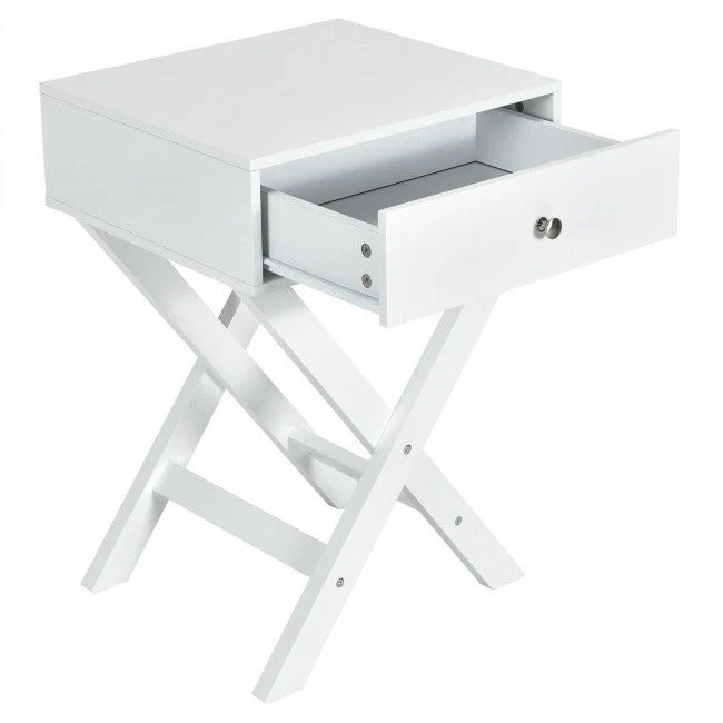 Retro White X-Shape 1 Drawer Nightstand Coffee Table - Image 2