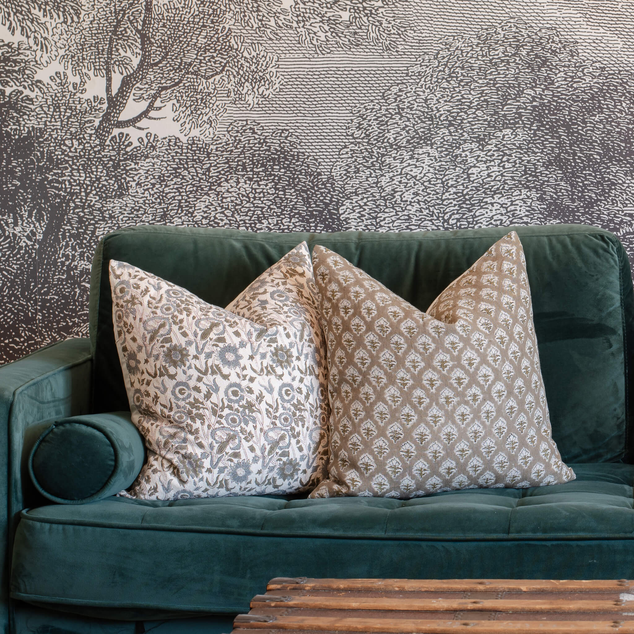 Rhea Floral Block Printed Pillow Cover | Mustard - Image 2