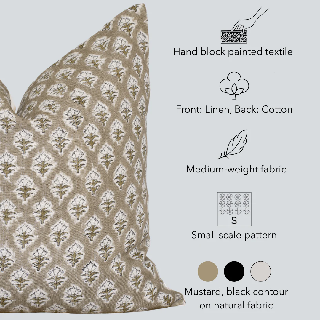 Rhea Floral Block Printed Pillow Cover | Mustard - Image 6