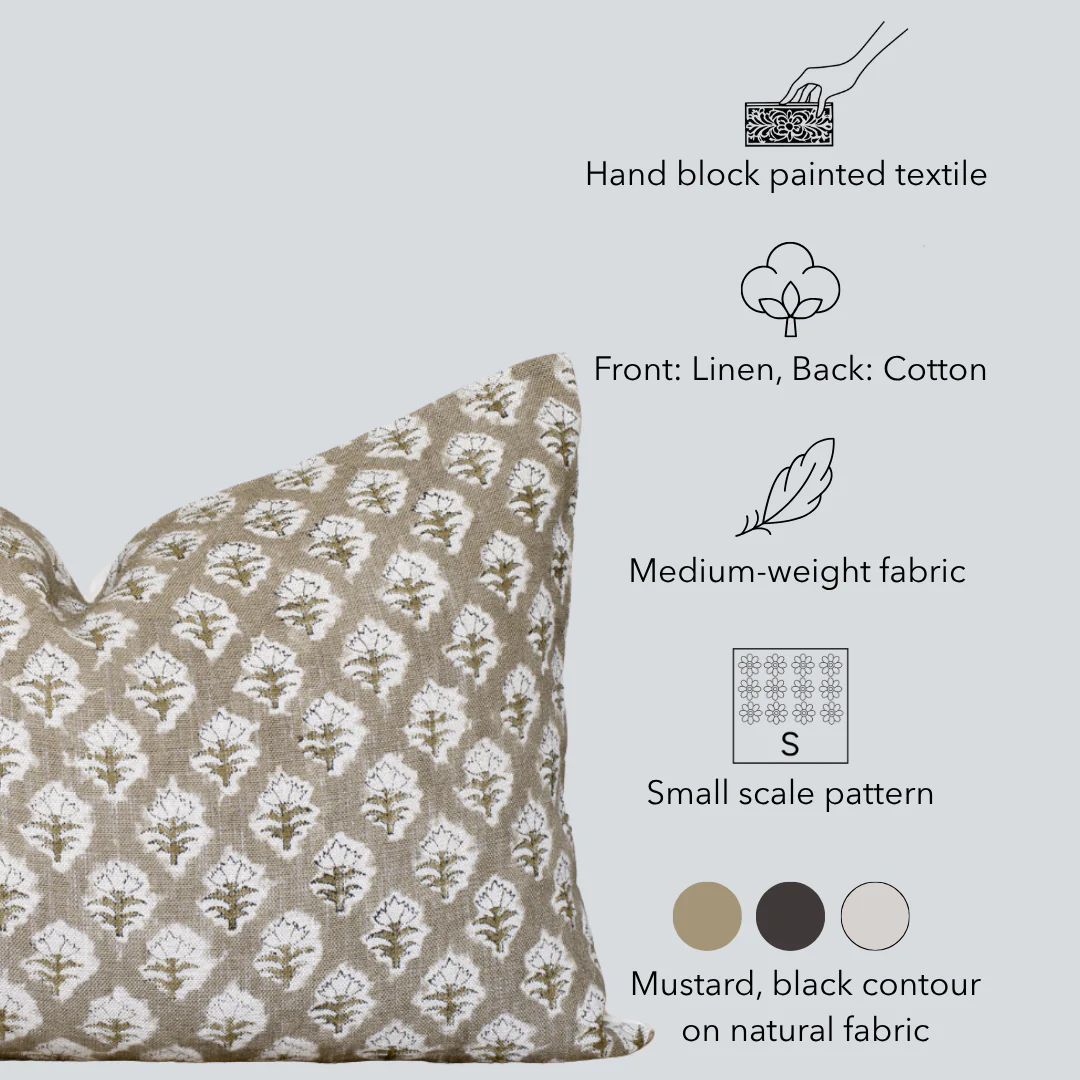 Rhea Floral Block Printed Pillow Cover | Mustard | Long Lumbar - Image 4