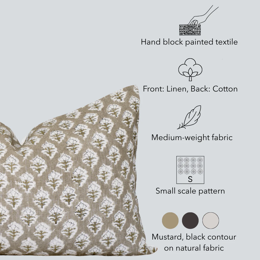 Rhea Floral Block Printed Pillow Cover | Mustard | Lumbar - Image 5
