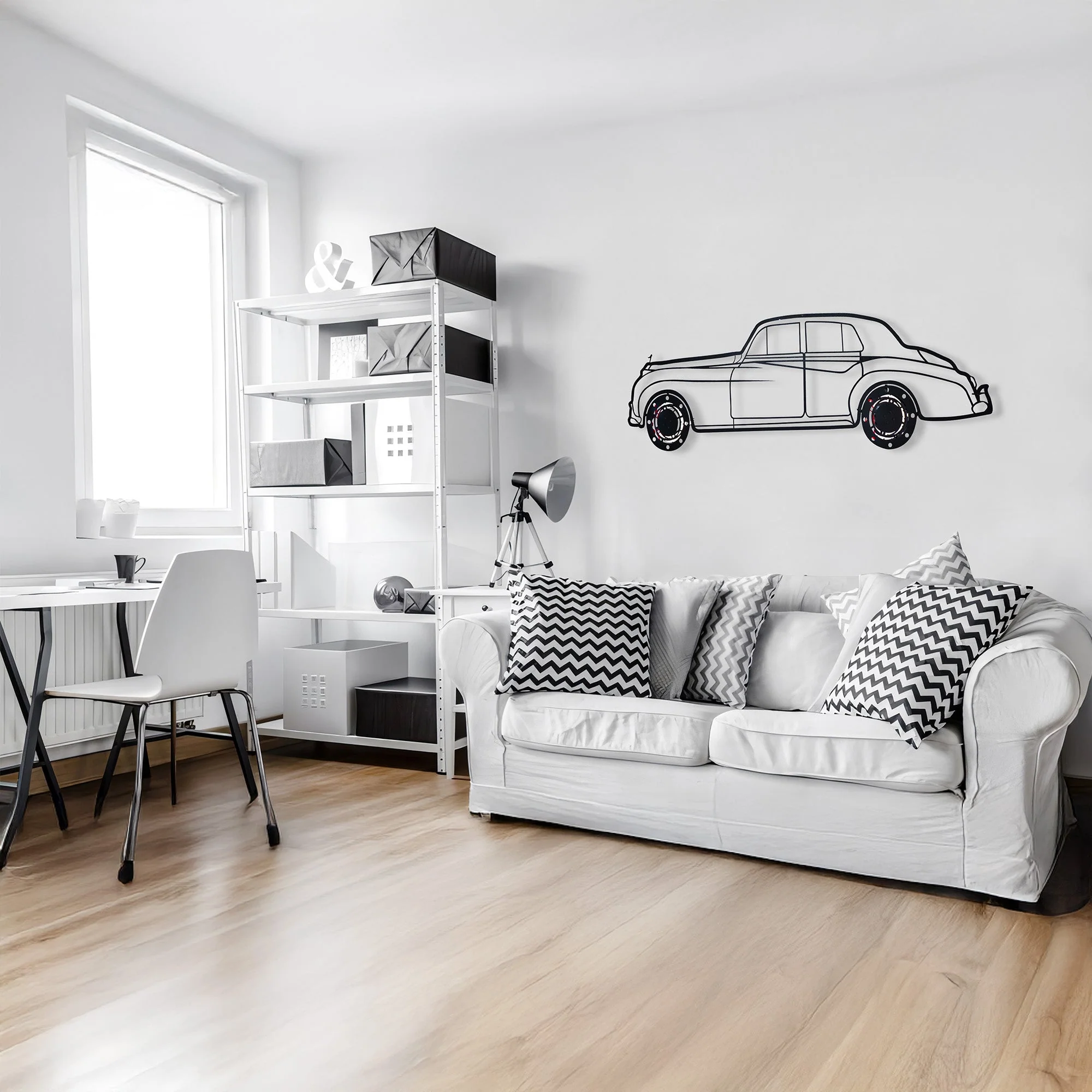 Rolls-Royce Silver Wall Art – Classic Luxury Steel Silhouette with Spinning Wheels-KAFMEKA040 - Image 11