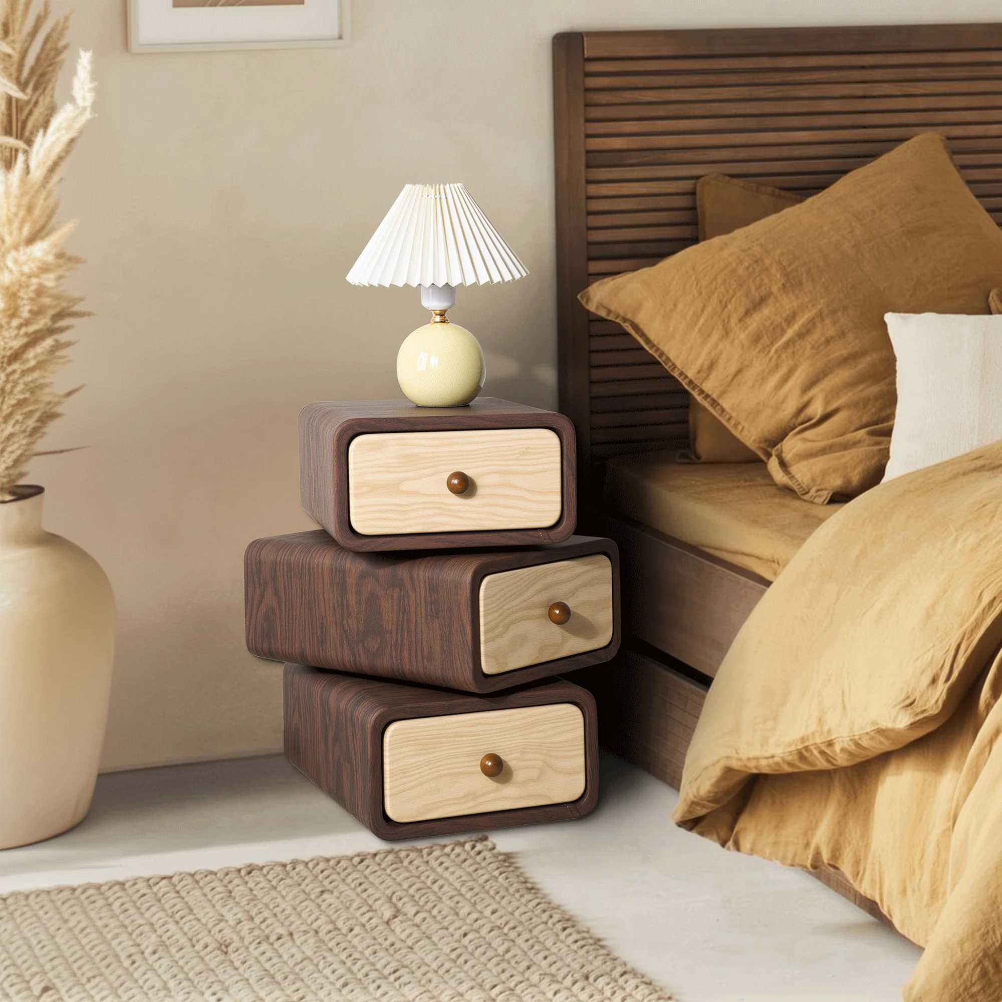 Rotatable 3-Tier Drawer Storage Cabinet, Wooden Stackable Nightstand with Drawers for Bedroom, Living Room Organization - Image 4