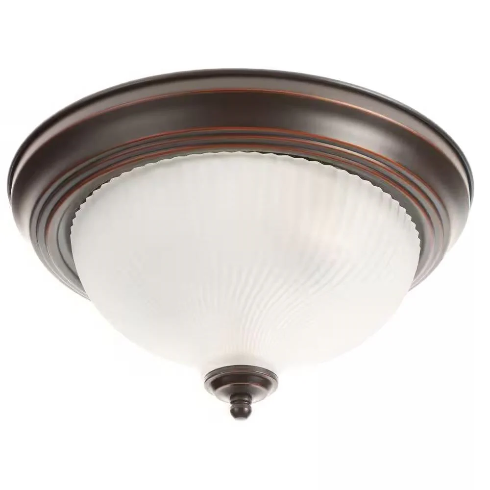 Round 11-inch Bronze Finish Ceiling Light with Frosted Glass Shade - Flush Mount - Image 2