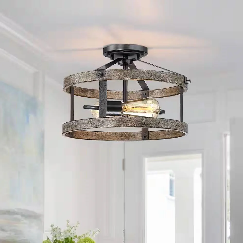 Round 13-inch Metal Wood Farmhouse 2-Light Ceiling Lamp - Semi-Flush Mount - Image 2