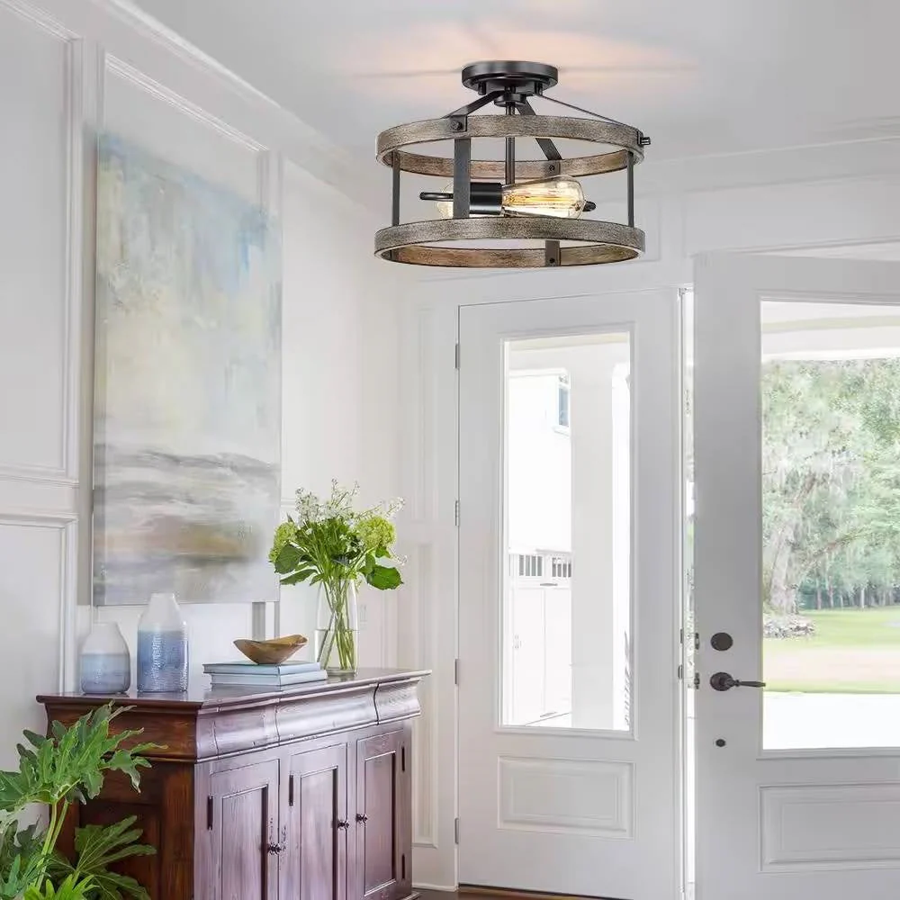 Round 13-inch Metal Wood Farmhouse 2-Light Ceiling Lamp - Semi-Flush Mount - Image 4