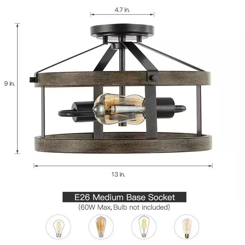 Round 13-inch Metal Wood Farmhouse 2-Light Ceiling Lamp - Semi-Flush Mount - Image 5