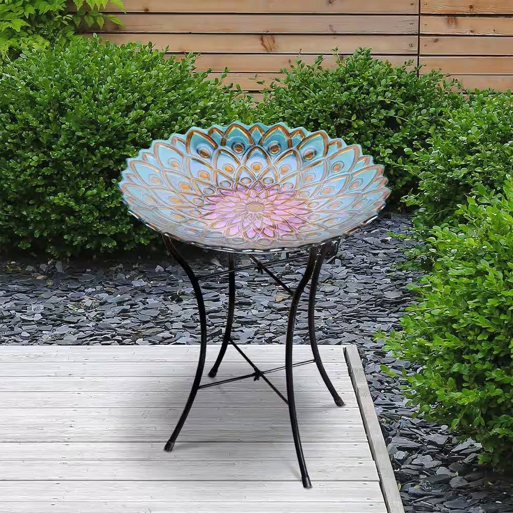 Round 18-inch Peacock Style Glass Mosaic Flower Birdbath with Metal Stand - Image 2