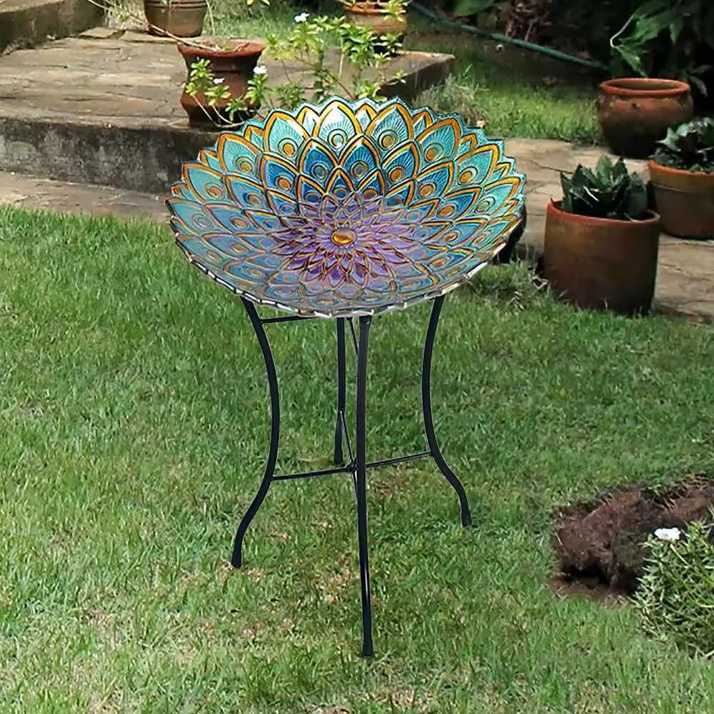 Round 18-inch Peacock Style Glass Mosaic Flower Birdbath with Metal Stand - Image 3