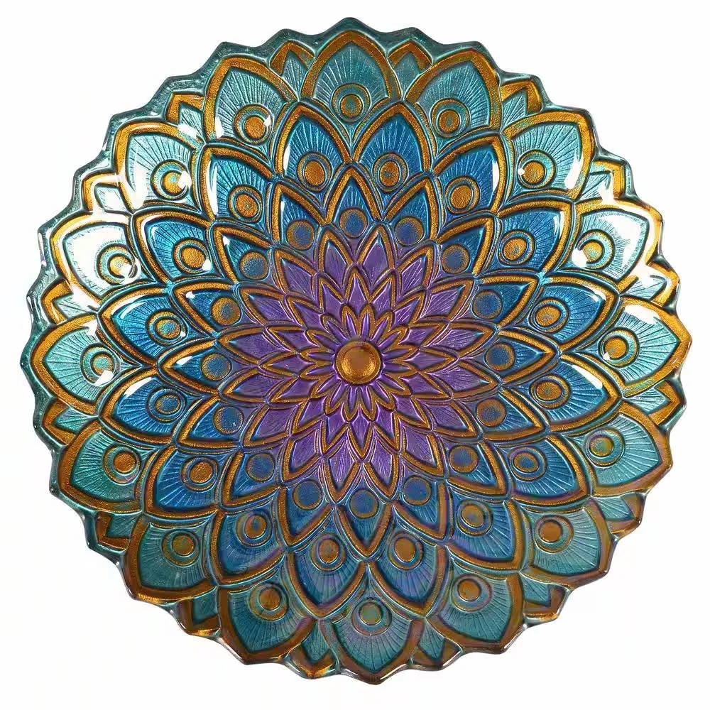 Round 18-inch Peacock Style Glass Mosaic Flower Birdbath with Metal Stand - Image 4