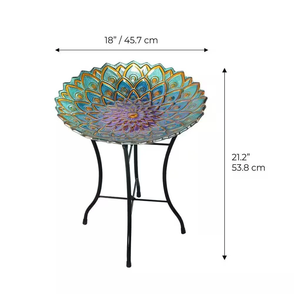 Round 18-inch Peacock Style Glass Mosaic Flower Birdbath with Metal Stand - Image 5