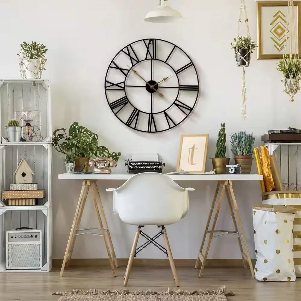 Round 24-inch Black Metal Roman Numeral Wall Clock with Gold Hands - Image 2