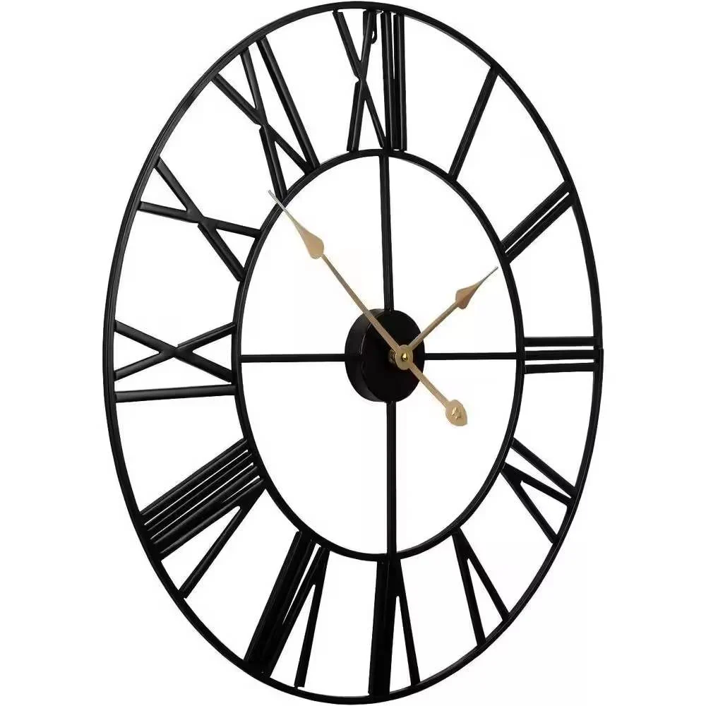 Round 24-inch Black Metal Roman Numeral Wall Clock with Gold Hands - Image 5